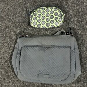 Vera Bradley QUILTED GRAY Crossbody Handbag & NOMADIC BLOSSOMS Cosmetic Bag